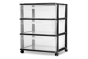 HOMZ Drawer Tower, 3-Tier Wide Clear Plastic Storage Organizer Cart, Black Frame - Organizing Containers with Wheels for Home, Bathroom, Bedroom, Office, and Classroom