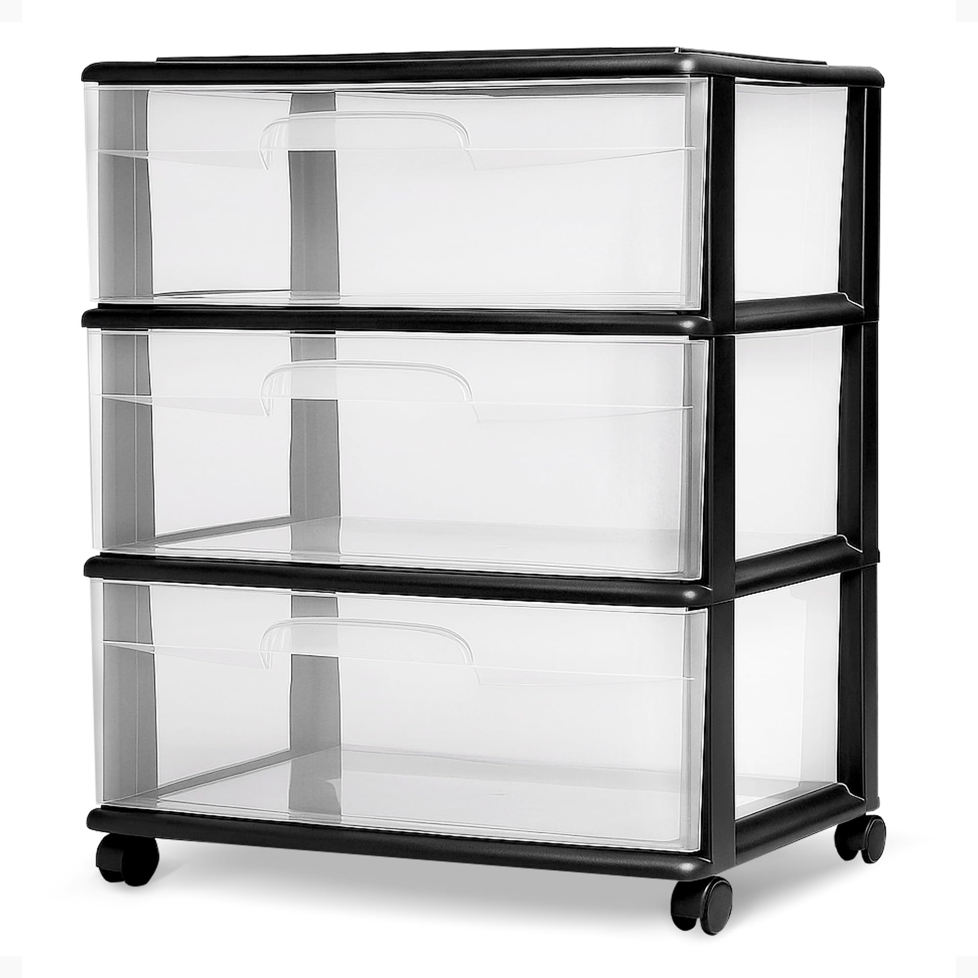 Photo 1 of ***MISSING WHEELS***HOMZ Drawer Tower, 3-Tier Wide Clear Plastic Storage Organizer Cart, Black Frame - Organizing Containers with Wheels for Home, Bathroom, Bedroom, Office, and Classroom