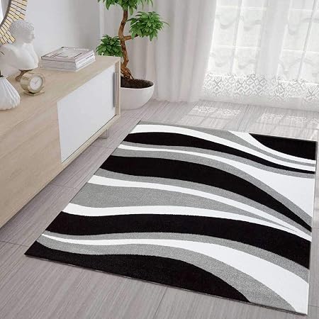 Vimoda Tapis Moderne Vagues Design à Poils Ras Gris Noir Et Blanc Très Facile à Entretenir Salon Tapis 200cm X 290cm