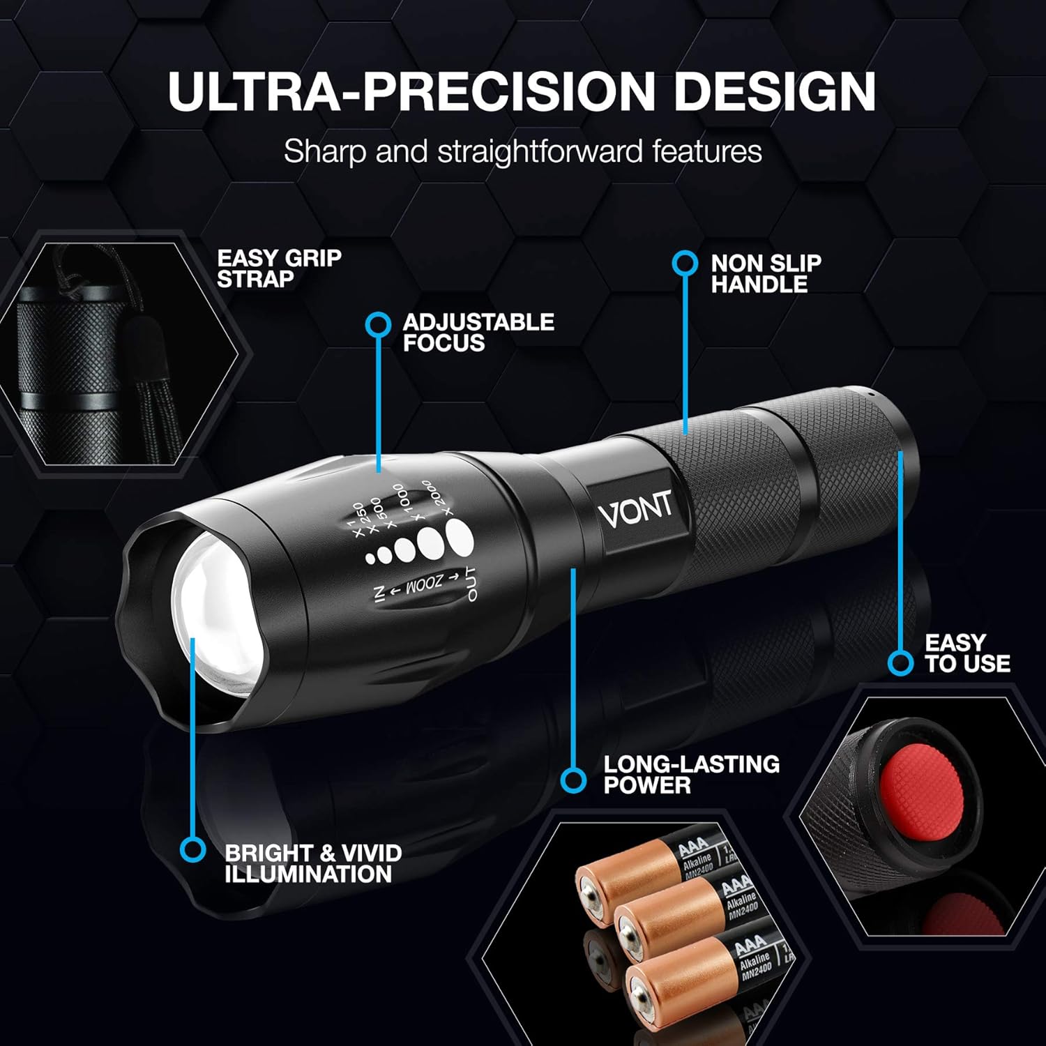 Vont 'Blaze' Tactical Flashlight, 2 PACK, LED Flashlights, Extremely Bright Flash Light, High Lumen, Adjustable Beam, Water-resistant, Great for Hiking, Camping, Survival, Emergency, Outdoors - - 