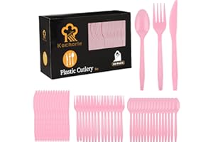 Kochorie 90 Pieces Pink Plastic Cutlery Set Disposable Plastic Utensils Heavy Duty Flatware Set Includes 30 Knives 30 Forks 30 Spoons for Party Wedding Birthday
