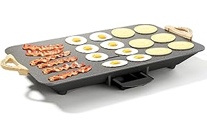 BBQ Masters 12"x20" Electric Griddle, 1700W Fast & Even Heating, Granite Nonstick Surface with Frameless Sloped Design, Easy 