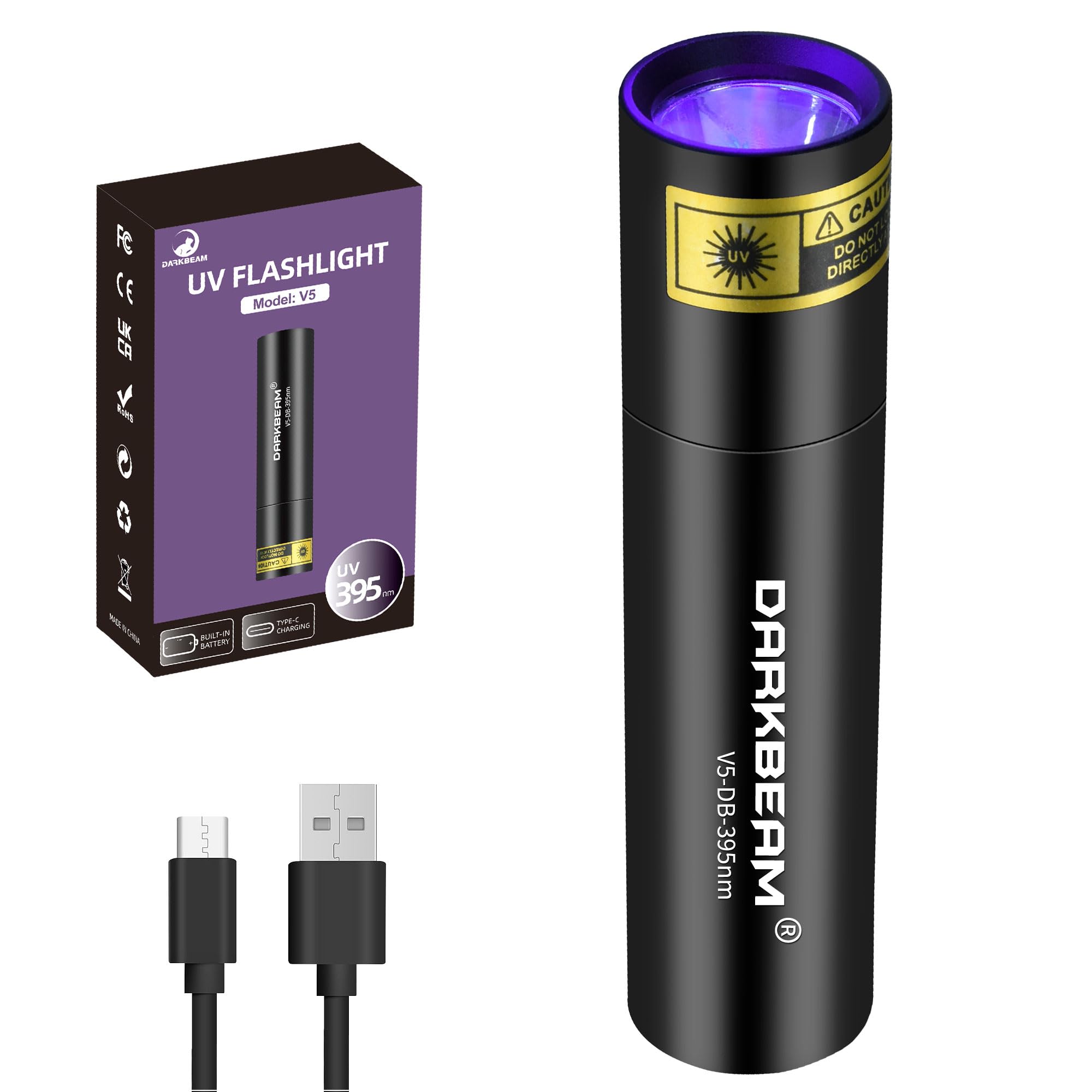 DARKBEAM UV Torch Black Light Flashlight 395nm, Mini & Powerful Woods Lamp USB -C LED Rechargeable Ultraviolet Blacklight Torches, Portable Pet Urine Detector - Curing Resin, Uranium Glass