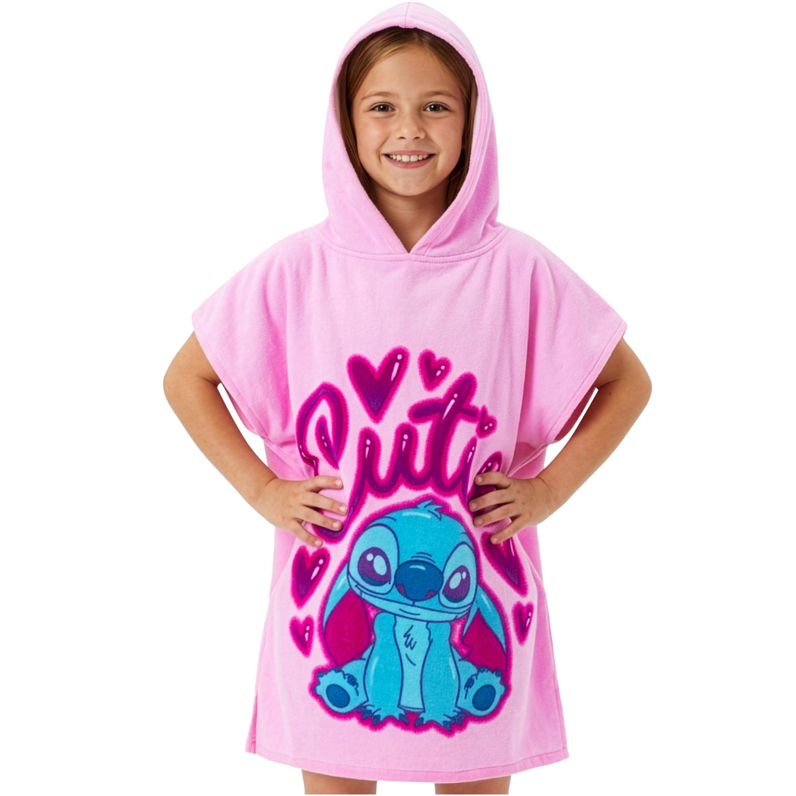 Disney Stitch Bath Towel with Hood for Kids & Teenagers Absorbent Changing Robe Poncho Towel for Swimming Bath Shower Beach Towel Holiday Essentials (Pink Stitch, 10-13 Years)