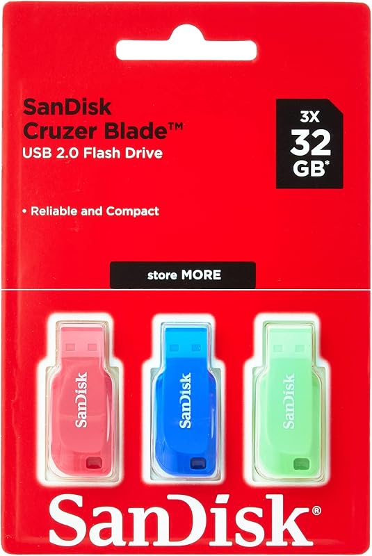32GB Cruzer Blade USB Flash Drive , Blue/Pink/Green, 3count(Pack of 1)