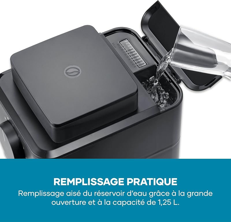 - Machine à café filtre avec broyeur intégré pour café en grains ou moulu + réglage de la mouture, Cafetière filtre avec carafe verre 10 tasses, cuillère, filtre permanent, noir, KA 9215