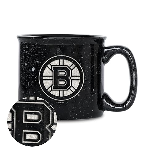 Rico Industries NHL Hockey Boston Bruins Black Speckle 12oz Laser Engraved Campfire Mug
