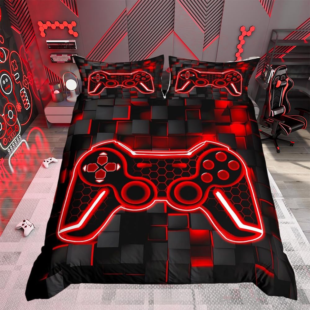 Loussiesd Kids Gamer Bedding Set Double Size Red and Black Bedding Duvet Cover Set For Boys Teens Decor Gaming Ombre Comforter Cover Set Geometric Square Bedspread Cover 3Pcs