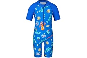 TFJH E One-Piece Boys Short Sleeve Swimsuits Rash Guard Suits Swimwear 50+ UV Sun Protective Zip