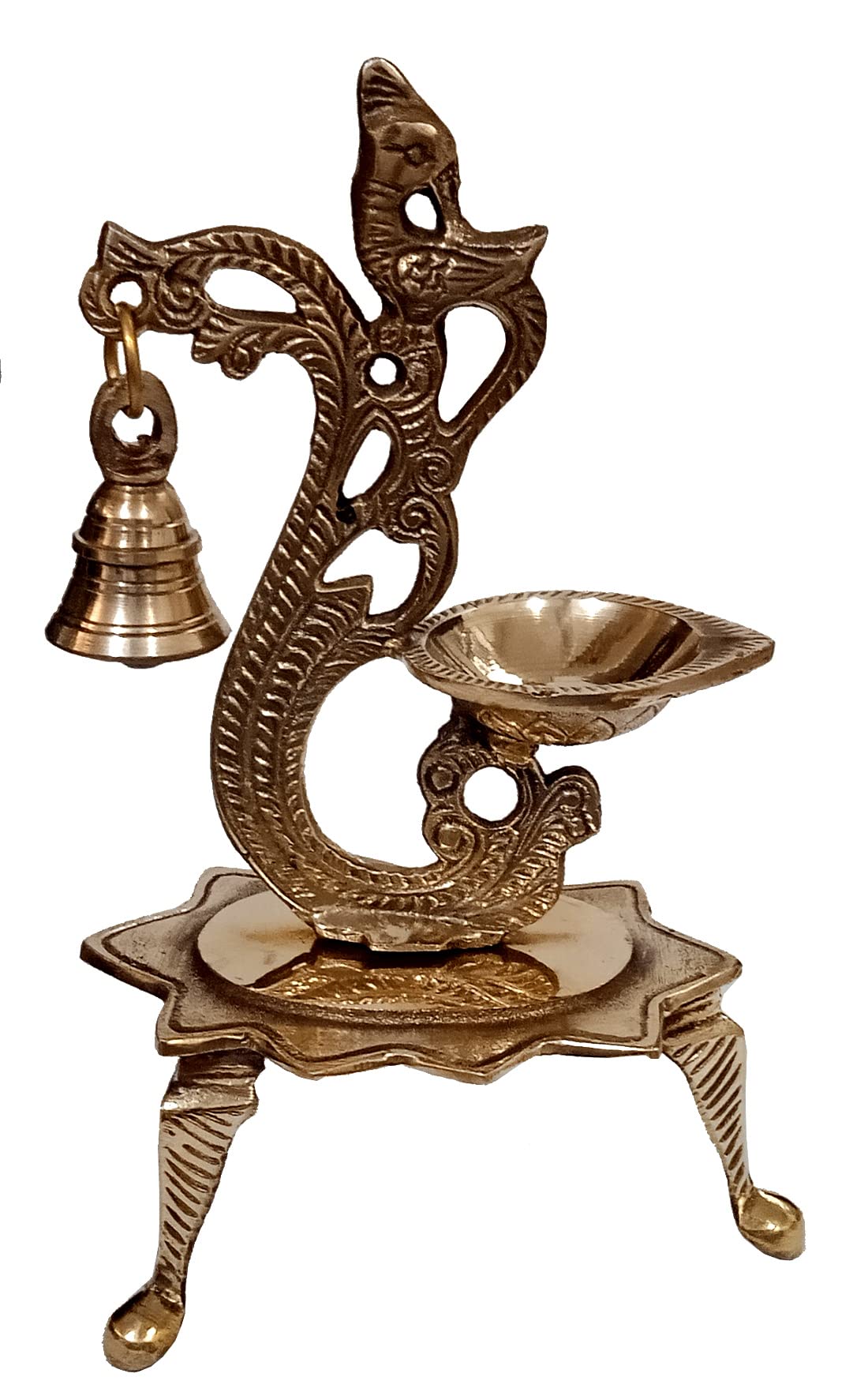 Purpledip Brass Kuthu Vilakku Inauguration Oil Lamp: Peacock Design Diya with Bell (12573)