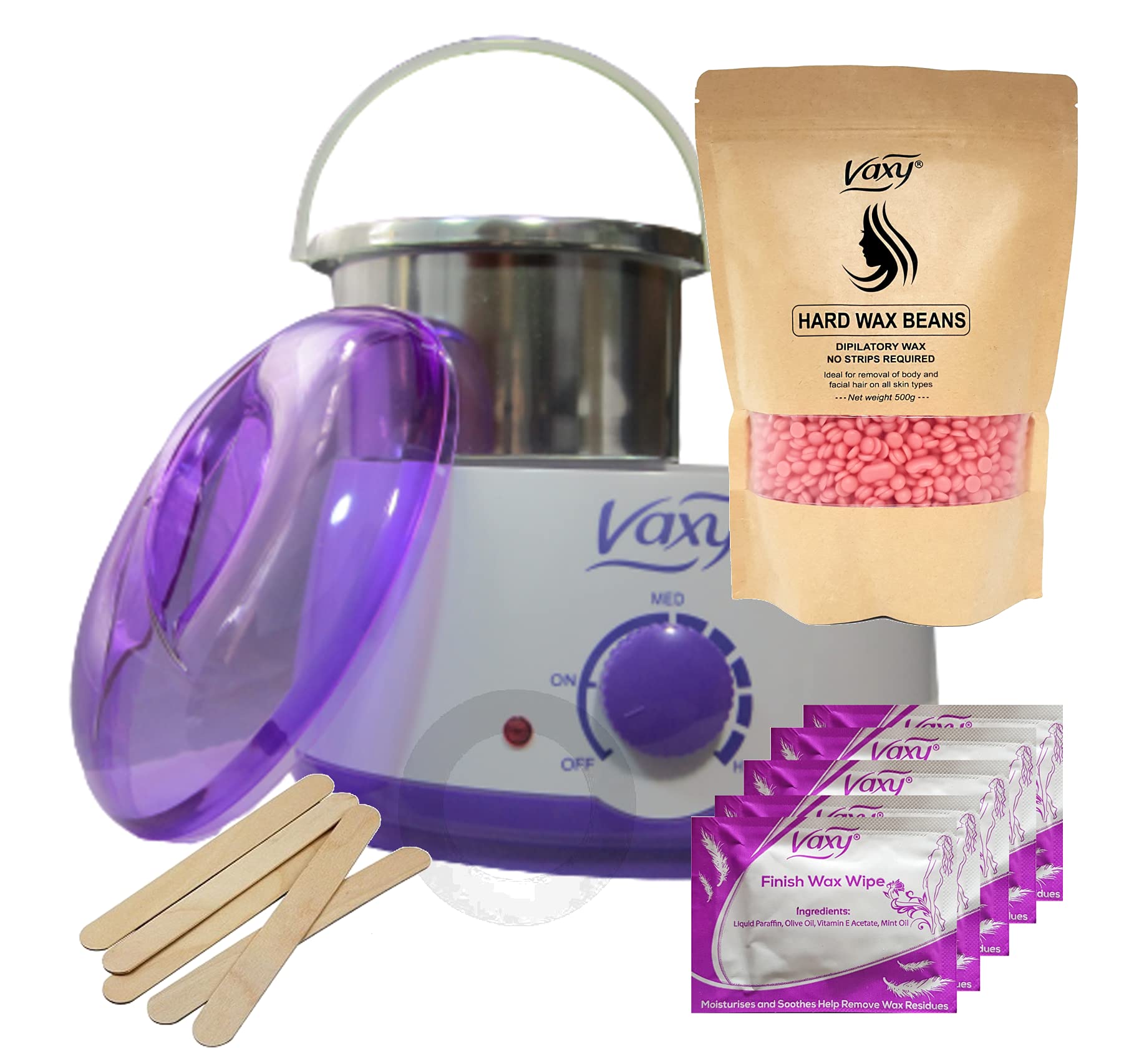 Vaxy Professional Waxing Kit with Wax Heater, Hard Wax Beads 500g, Spatulas, After Wax Wipes, Collar - Stripless Depilatory Waxing Pellets Solid Film Beans No Strip Needed (Rose)