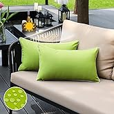JOJOGOGO Green Outdoor Lumbar Pillow Covers 12x20 Waterproof Set of 2, Apple Green Spring Outdoor Pillows Cushion Covers 12 x 20, Decorative Pillows for Porch Patio Furniture (with White Piping)