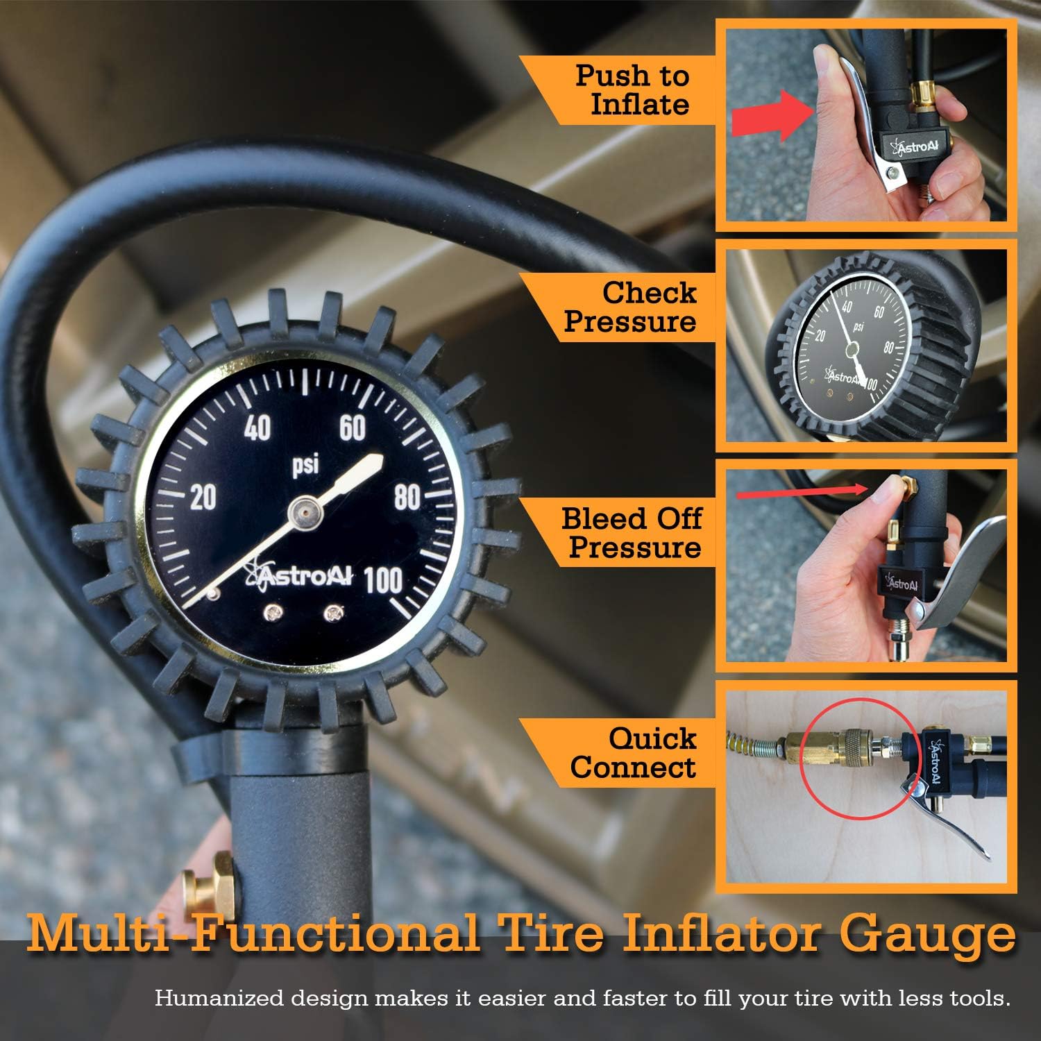 AstroAI Upgraded 100 PSI Tire Inflator with Pressure Gauge, Heavy Duty with Large 2" Easy Read Glow Dial, Air Chuck, Quick Connect Coupler and Rubber Hose Compressor Accessories: Automotive