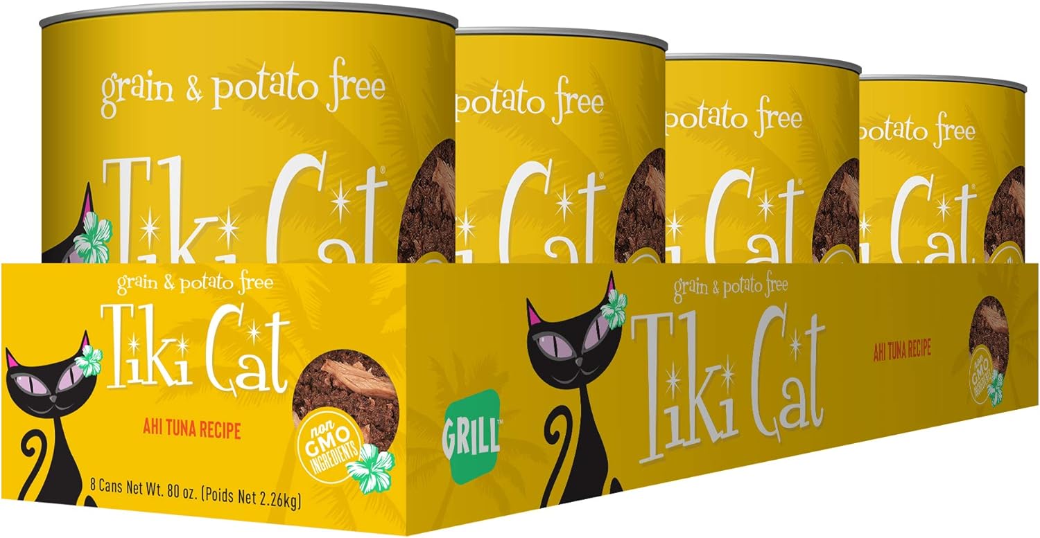 Tiki Pets Grill Grain Free Canned Wet Food with Whole Seafood in Broth for Cats and Kittens, Ahi Tuna 4 cans 10oz