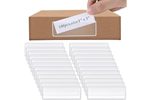 Meanplan 100 Pcs Label Holder Self Adhesive Clear Pocket 3x1 Inch Plastic Shelf Tag Sticking Index Card Pocket for Supermarket Library Kitchen Business Bookshelf Mailbox File Cabinet Storage Bin