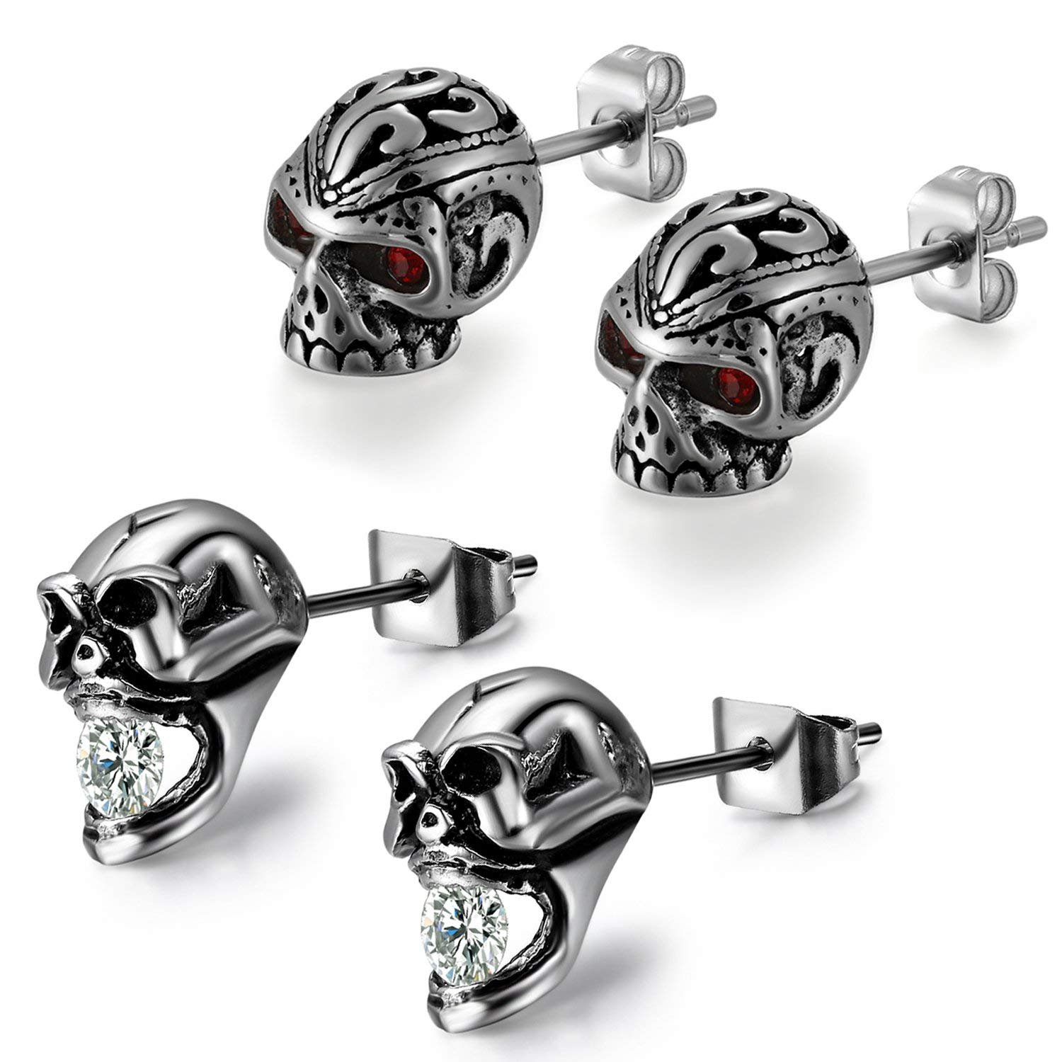 Aroncent Men Stud Earring Stainless Steel Ear Stud Vintage Punk Gothic Skull Black 4PCS 2 Pairs
