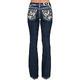 Miss Me Women's Cowhide Fleur de Lis Embellished Pockets Mid-Rise Bootcut Jeans