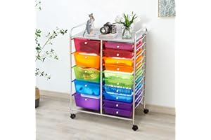 DREAMADE Rolling Cart with 15 Drawers, Clear Plastic Drawer Organizer w/Lockable Wheels, Removable & 2-Sized Storage Drawers, Art Cart for School Home Art Supplies Crafts File Scrapbook (Rainbow)