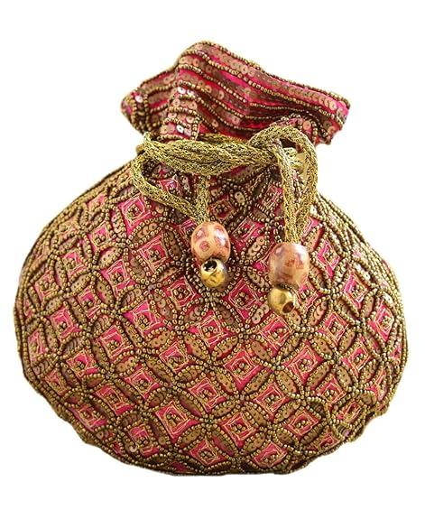 Handmade Beaded Drawstring Potli/Batwa-Pink