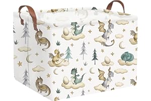 FXOCSHE Rectangular Dinosaur Baskets,Watercolor cute dragon fairy tale kids nursery basket,Cloud moon star dragon egg laundry basket for kid,Toys Box,Dinosaur Room Decor(Cute dinosaur)