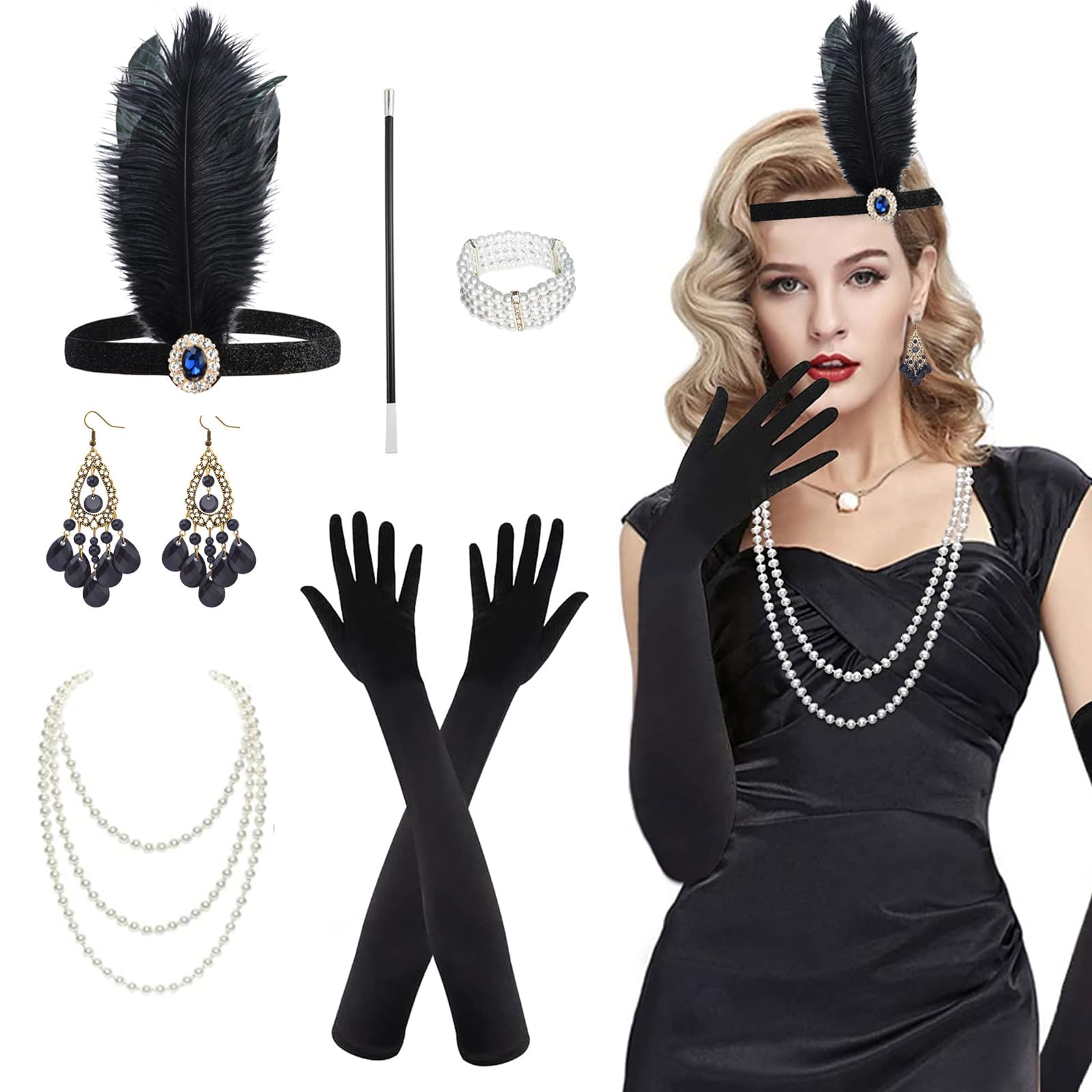 Roontin 1920 Accessories Set - 1920s Fashion Flapper Headband Long Gloves Pearl Necklace Earrings, Vintage Gatsby Accessories Set for Women — image 1