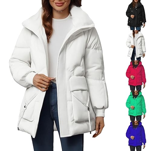 trench coats for women, Winter Coats Mid-lenght Down Puffer Clothing Ladies Lightweight Waterproof Jackets Fur Hood Plus Size Trench Coat Long Sleeve Warm Outwear Hiking Outfits White XL
