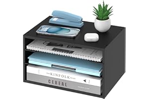 SHARKWOODS Wood Desk Organizer, 3 Tier Paper Tray Organizer for Desk with Adjustable Storage Shelves, Desktop Paper Sorter Mail Holder for Office Home Classroom, Black