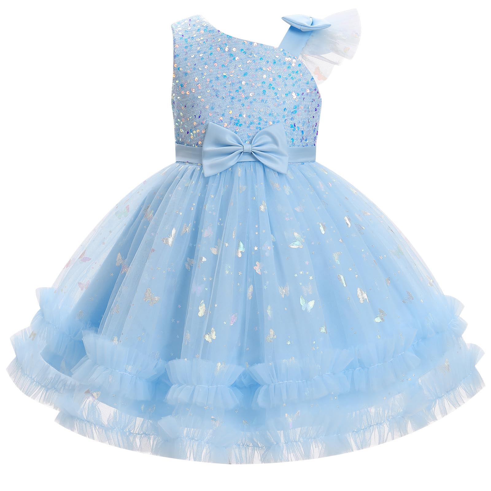 Photo 1 of OBEEII Toddler Flower Girl Dress for Wedding Girls Sequins Princess Party Butterfly Tulle Tutu Dress Bowknot Sparkly Baptism Photoshoot Outfit Formal Pageant Prom Gown Blue 3-4 Years