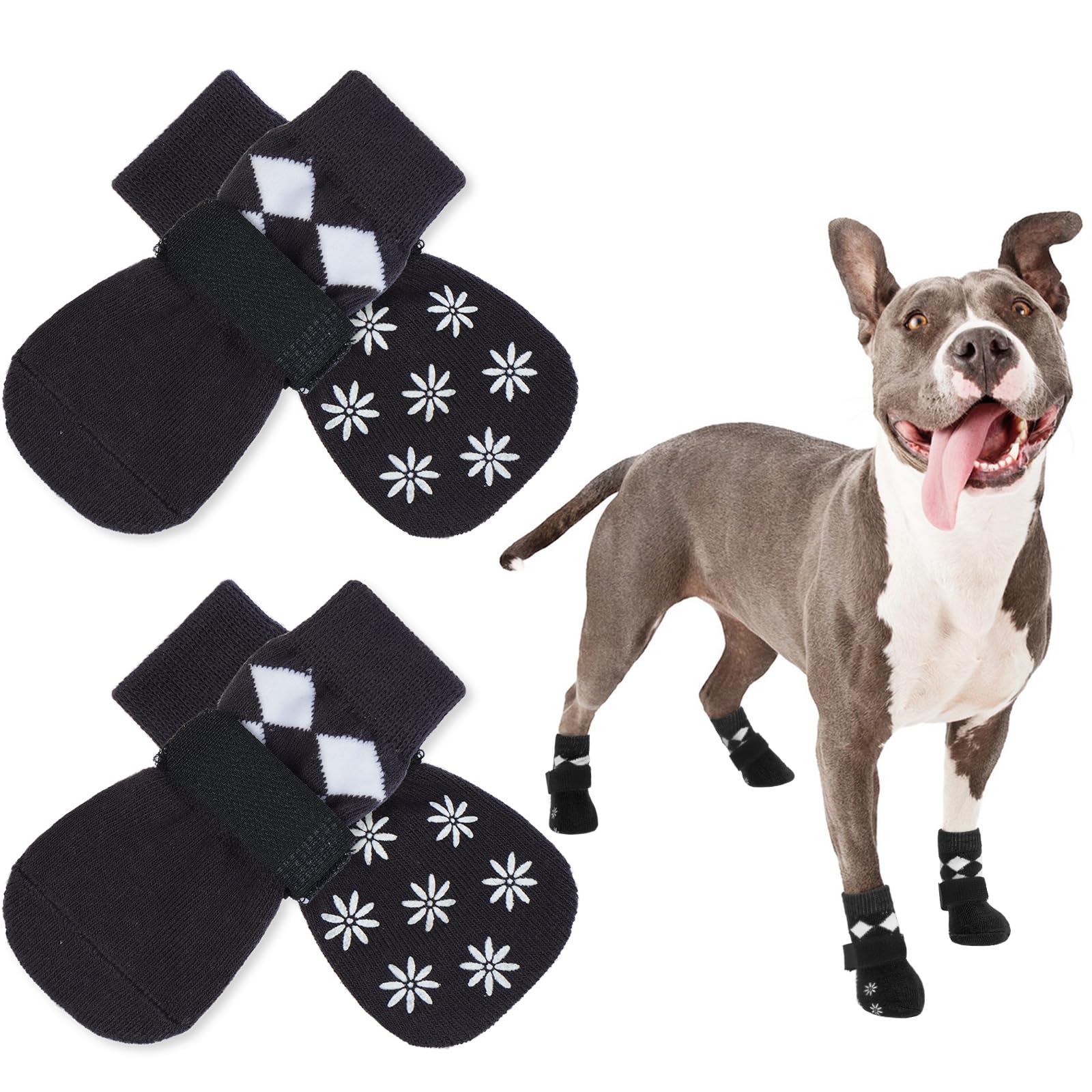 PUMYPOREITY 2 Pairs Dog Paw Protectors, Dog Gripper Socks for Hardwood Floors Dog Paw Bandage Large Dog Socks with Grips Waterproof Socks for Dogs with Adjustable Straps(Black, L)