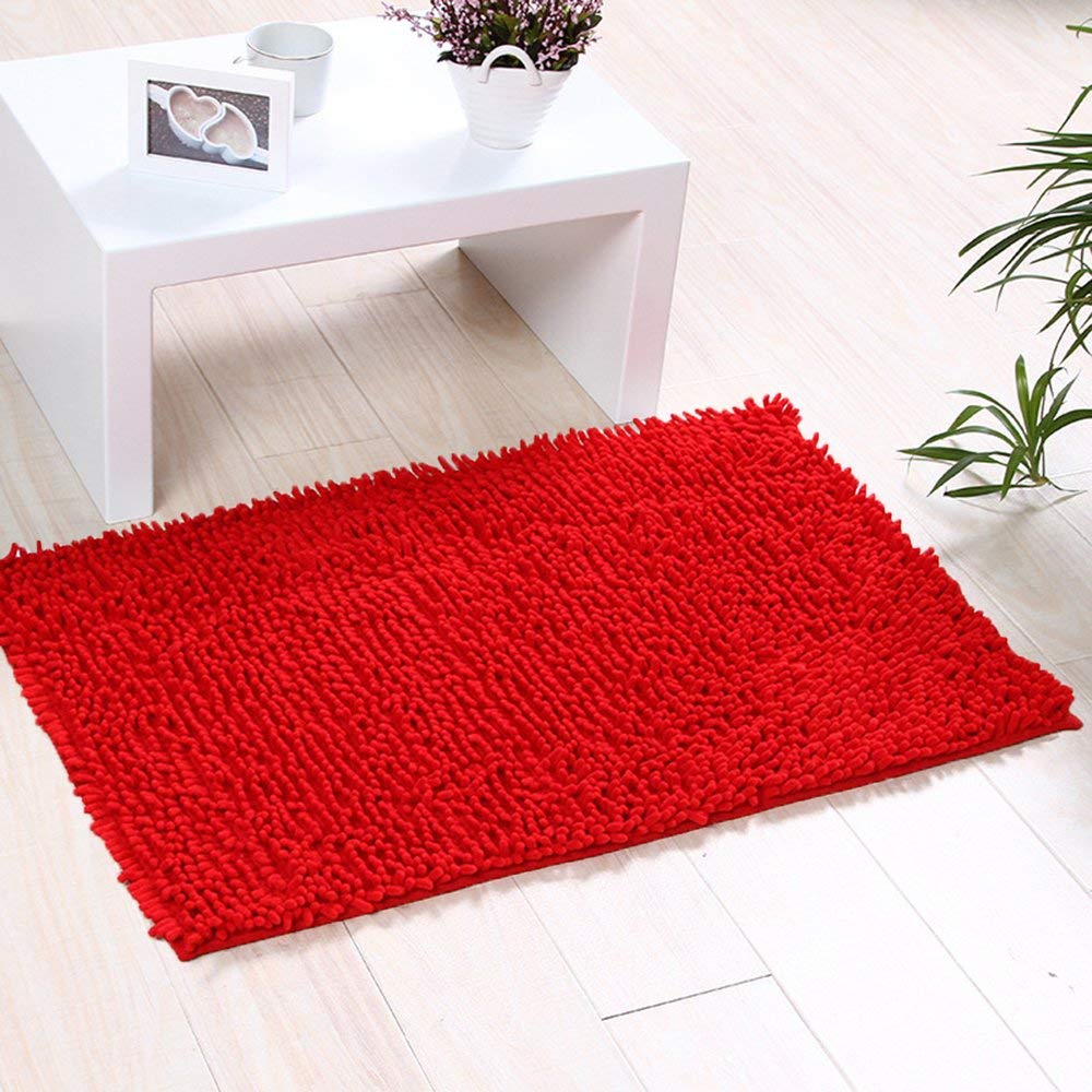ele ELEOPTION Soft Shag Bath Mat Rug Kitchen Rug Door Way Feet Mat Anti-slip Strip Absorbent Doormat Bathroom Shower Rugs Shaggy Carpet (45 * 70 CM) (Red)