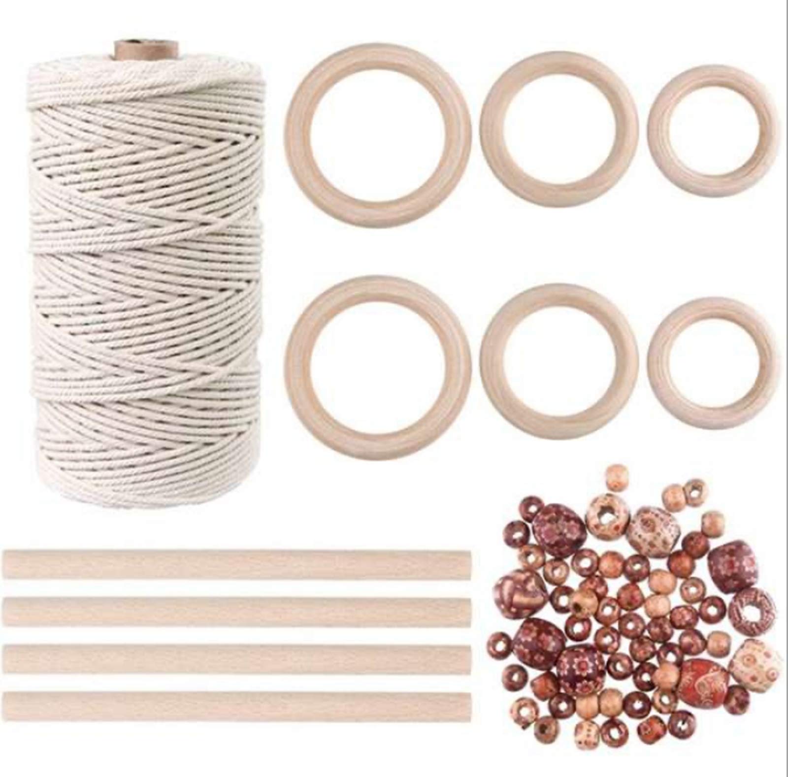 Binwat Macrame Rope Kit Supplier Cotton Rope Set for Starter 3mm x 109Yards Natural Cotton Macrame Cord with Wooden Rings,Wooden Sticks,Macrame Supplies for Plant Hangers Crafts Knitting (Set D)