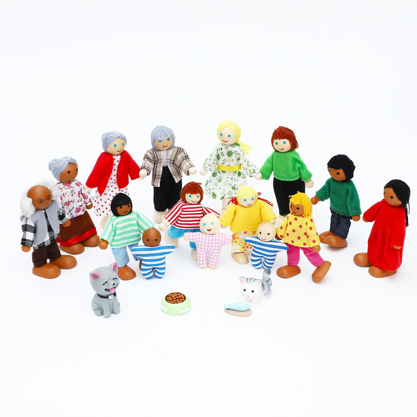 ONEST 20 Pieces Wooden Dollhouse Family Set Mini People Figures Dog Cat Sets Dollhouse Dolls Wooden Doll Family Pretend Play Figures Accessories for Pretend Doll House Toy