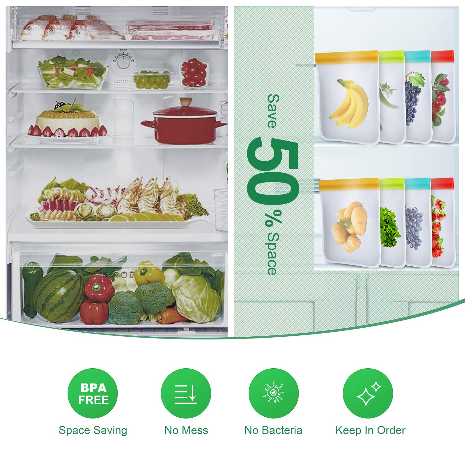 bedee Reusable Food Storage Bags - 8 Pack Extra Thick Ziplock Bags Leakproof Reusable Sandwich Bags - FDA Grade PEVA Snack & Lunch Bags for Kids Snacks, Fruit, Travel, Home Organization