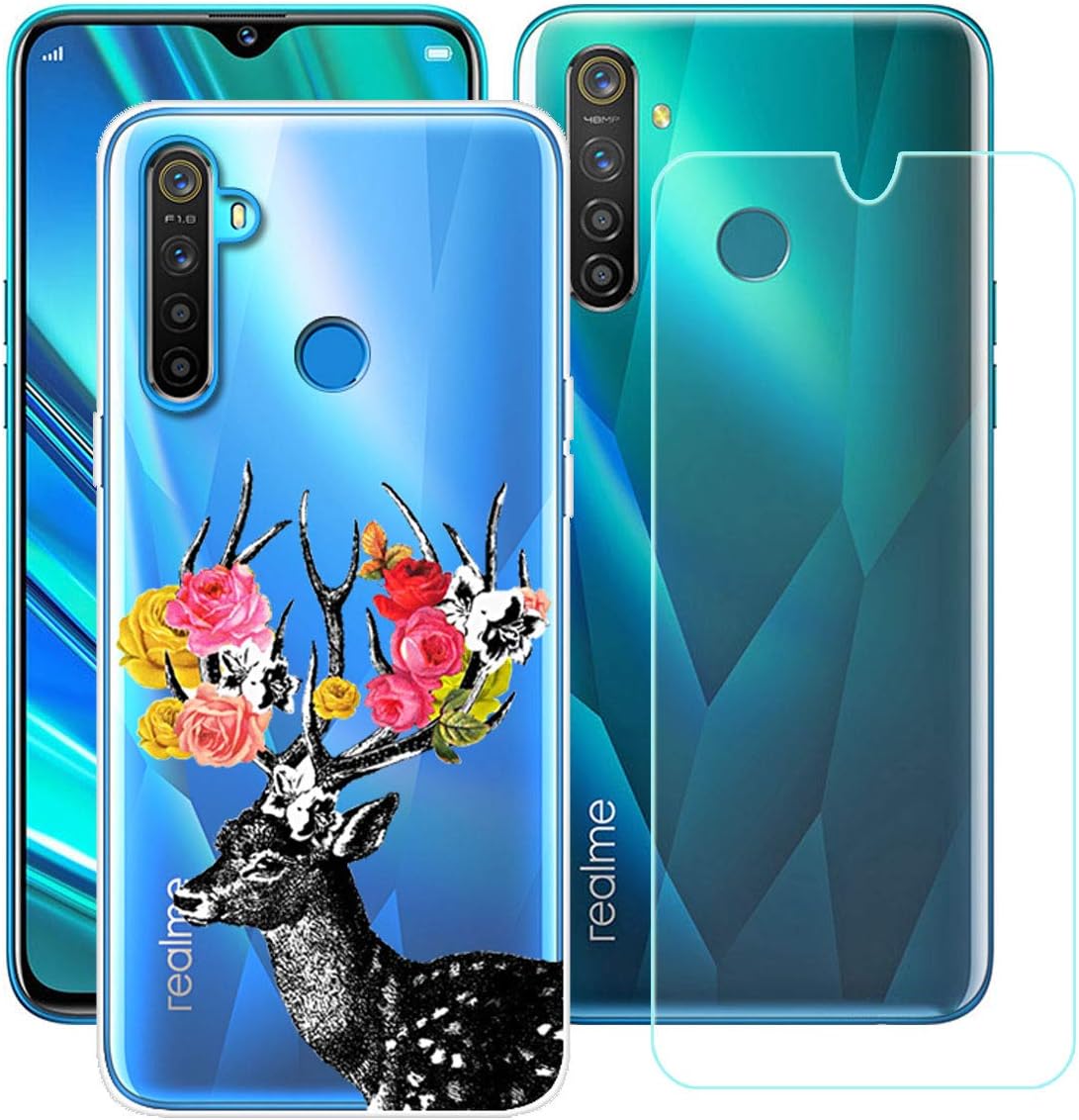 Case for Oppo Realme 5 Pro Cover + Screen Protector Tempered Glass Protective Film - YZKJ Flexible Soft Gel Crystal Transparent TPU Silicone Protection Case for Oppo Realme 5 Pro 6.3" - HY42