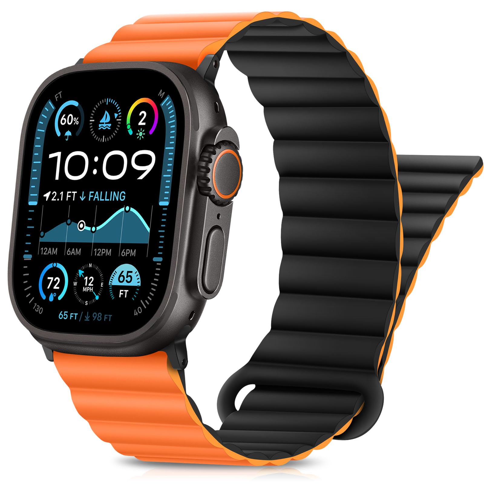Photo 1 of HITZEE Compatible with Apple Watch Band 49/46/45/44/42/41/40/38mm, Double Sided Silicone Magnetic Band Compatible for iWatch Ultra 3/2/1 Series 11 10 9 8 7 SE3 6 5-1 (42/44/45/46/49mm, Black Orange)