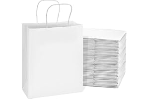 Prime Line Packaging 8x4x10 100 Pack White Gift Bags, Small Kraft Paper Bags with Handles for Small Business, Party Favor & Goodie Bags, Shopping, Bulk