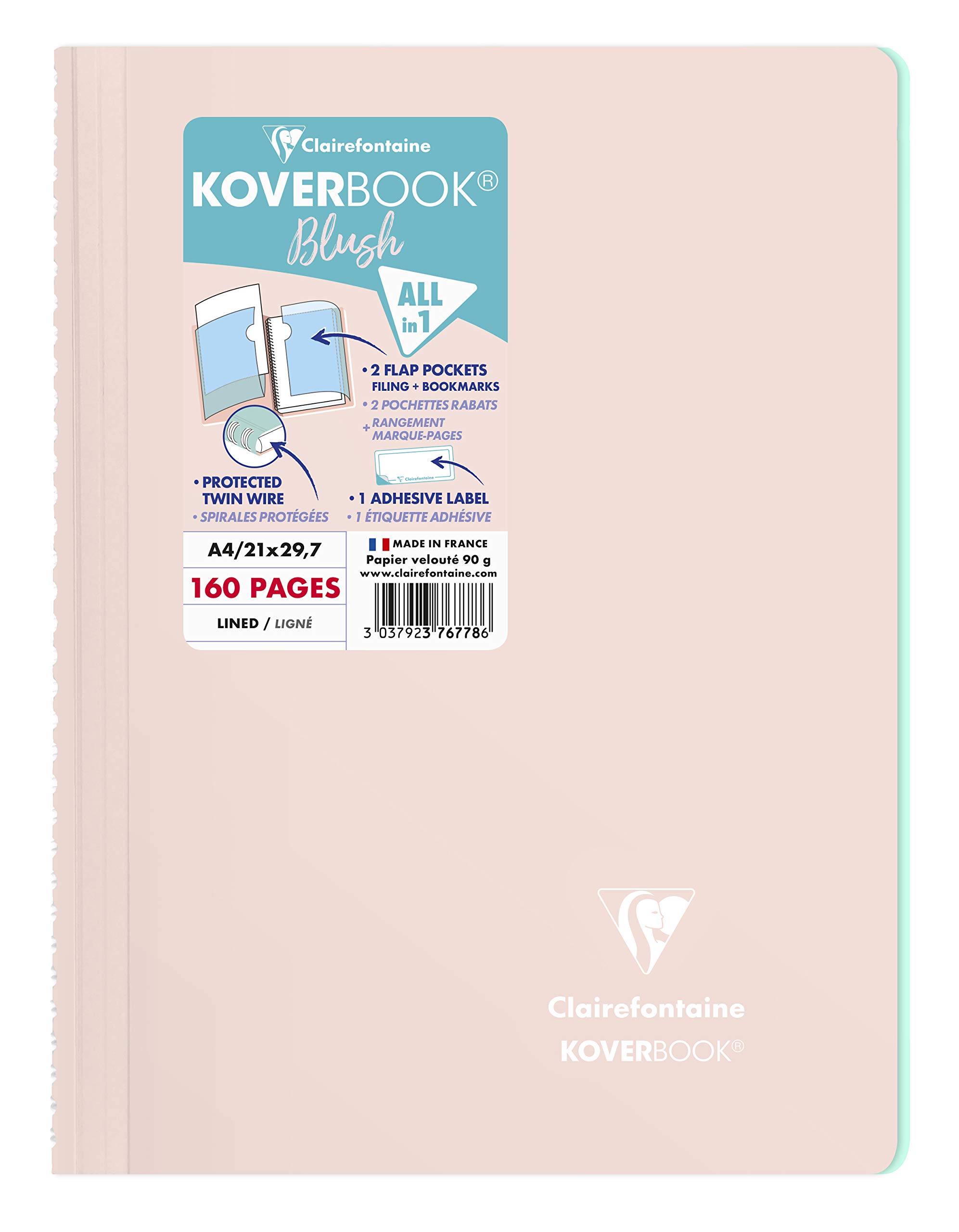 Clairefontaine 376778C - One Spiral Notebook Koverbook Blush Powder Pink - A4 21x29,7 cm - 160 Lined Pages - White Paper 90 g - Wraparound Polypro cover