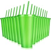 Hxezoc 16-Piece Reusable Cups with Lids and Straws, 24 oz Glitter Plastic Tumbler Iced Coffee Cups Travel Mugs for Smoothies, Juices, Beach, Bachelor Party (Green)