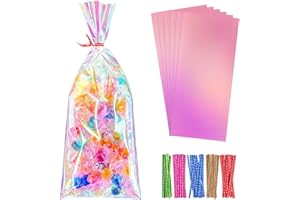 Cherodada Cellophane Treat Bags, 4x10 Inch Iridescent Cellophane Bags with Thank You Stickers and Twist Ties, Celebrations Baby Showers Weddings Birthday Party Gift Wrapping(Pack of 100)