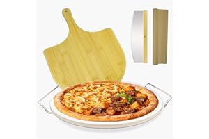 RWIXR 13 inch Pizza Stone, Pizza Set, Beginner Friendly Pizza Stone for Oven with Accessories - Pizza Rack, Rocker Cutter, Spatula, Baking Paper, Outdoor Oven Tools, Pizza Gift Set