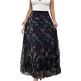 Floerns Women's Plus Size Floral Mesh Sheer Tulle Skirt High Waisted A Line Renaissance Maxi Skirts