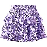 WELAKEN Sparkle Sequin Skirt for Girls Kids Elastic Waist Three Layer Ruffle Skirt