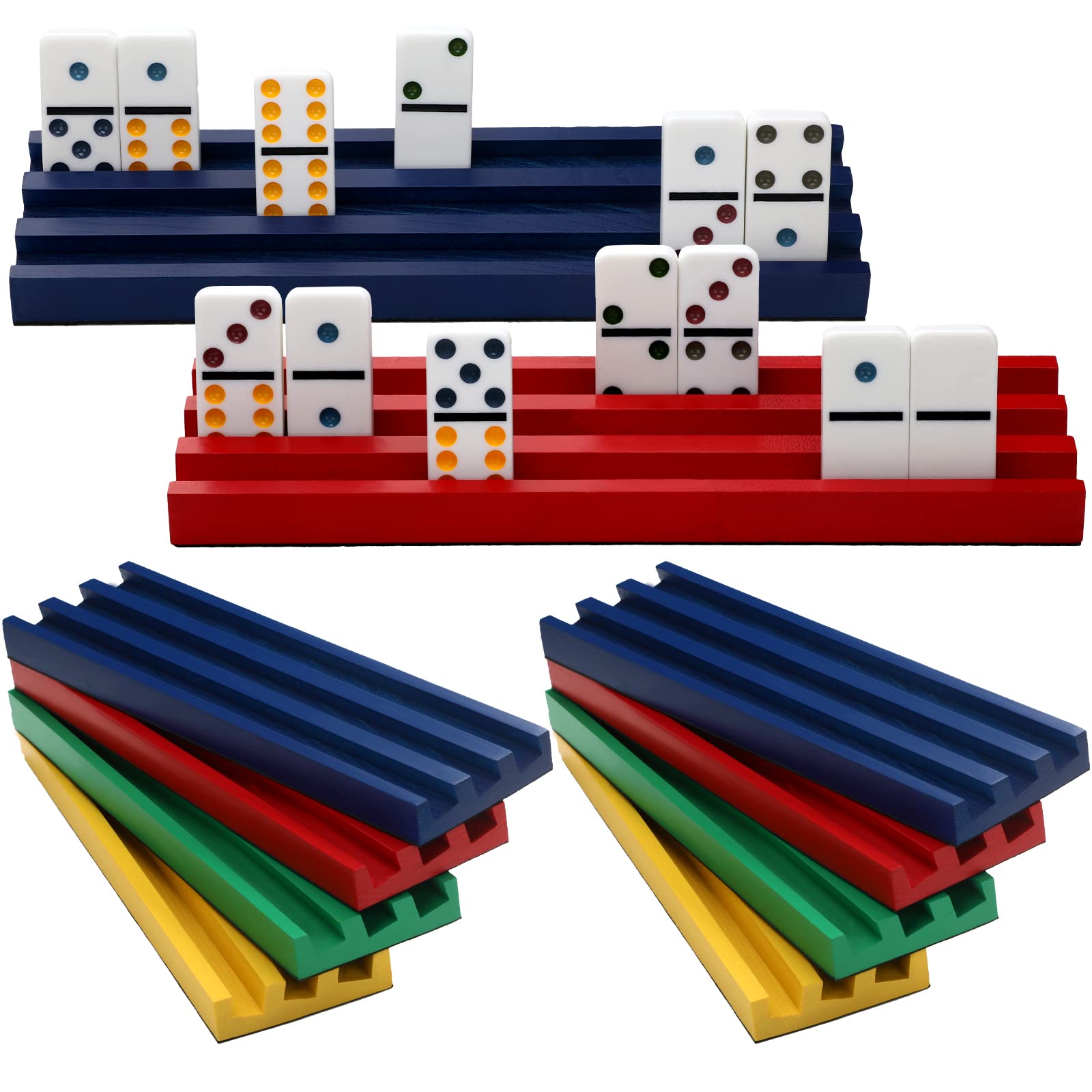 Photo 1 of Tatuo 8 Pcs Colorful Domino Trays Wooden Racks Trays Holders Stands Tile Holder Mexican Train Accessories for Games Supplies, Dominoes Not Included