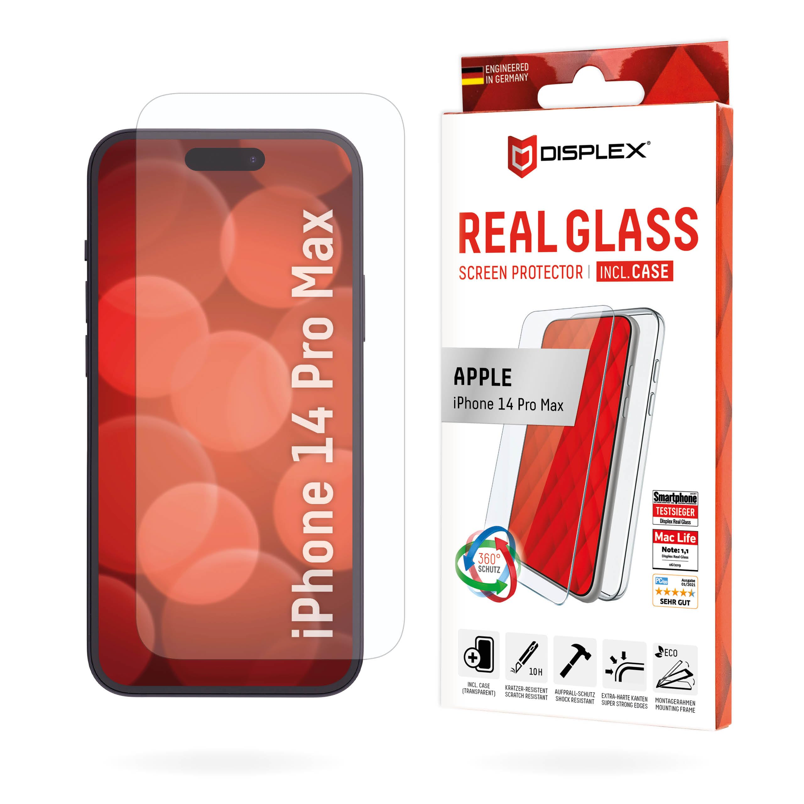 Displex Tempered Glass (10H) + Protective Case for Apple iPhone 14 Pro Max, Eco Mounting Frame, Case, Tempered Glass, Scratch-Resistant Screen Protector
