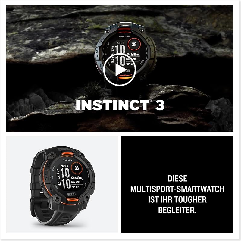 Instinct 3 45mm SOLAR – GPS-Multisport-Smartwatch, 0,9" Display, bis zu 28 Tage Akkulaufzeit, 80+ Sport-Apps, Navigationsfunktion, smarte Features, LED-Taschenlampe,Black, wasserdicht