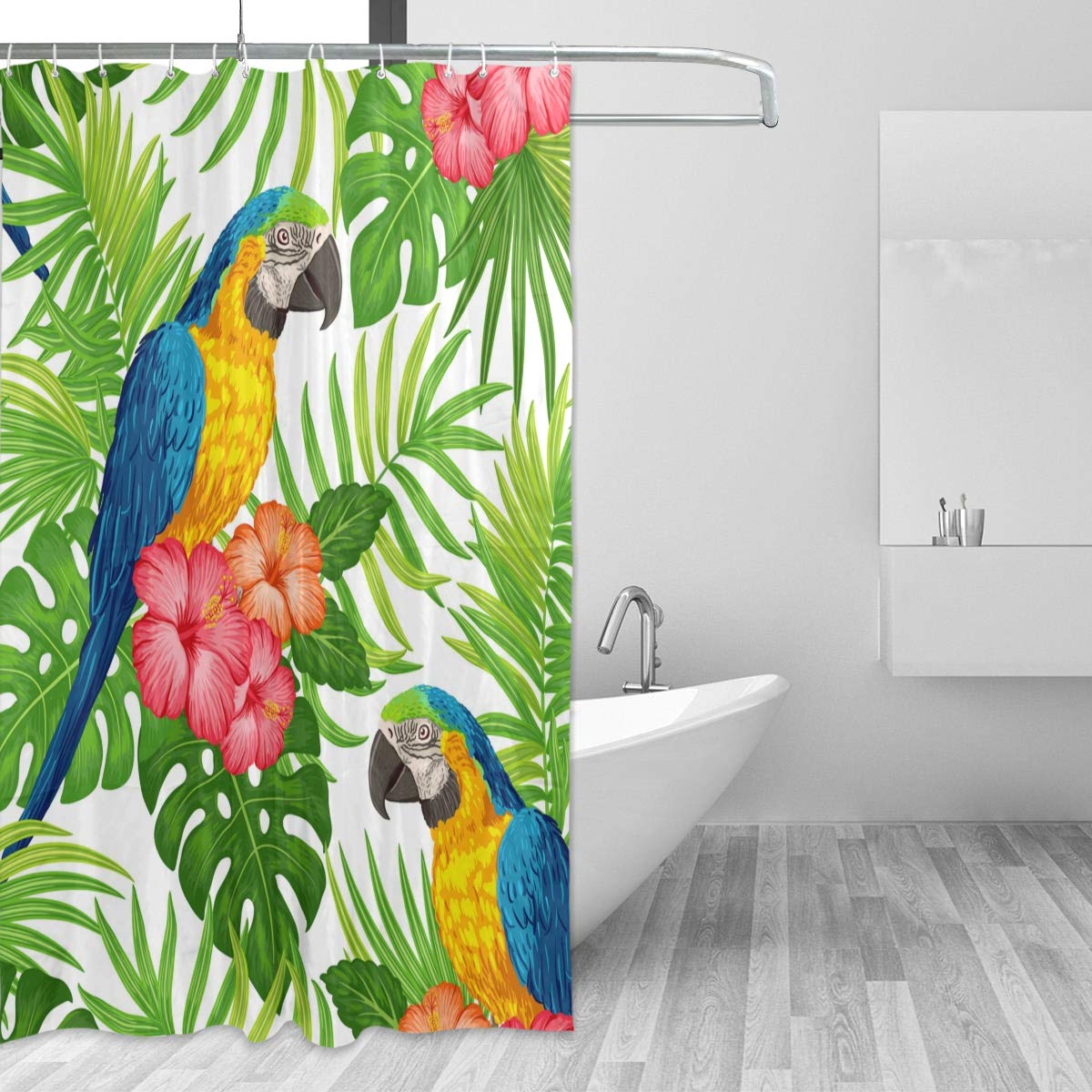 ALAZA Shower Curtain, Tropical Floral Pattern With Macaw Parrots Hibiscus And Palm Leaves Bathroom Waterproof Polyester Curtains Accessories With Hooks For Home Decorative (183cm x 183xm)