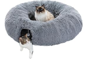 PAWZ Road Fluffy Cat Tunnel, Multiple Forms Cat Tunnel Bed, Washable Dia-35 Inches Cat Donut Tunnel with Cozy Bed Mat and Han