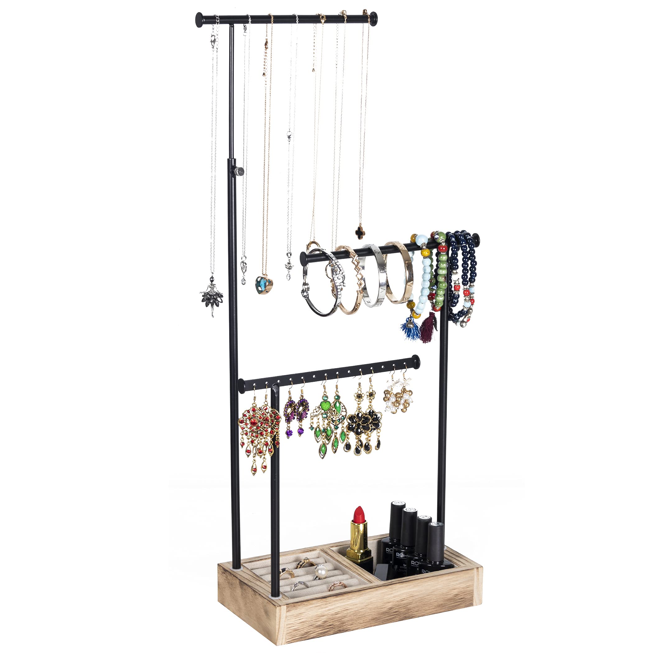Becko Jewelry Organizer Stand with Extendable Rods for Necklaces, Bracelets, Earrings and Rings (Black)