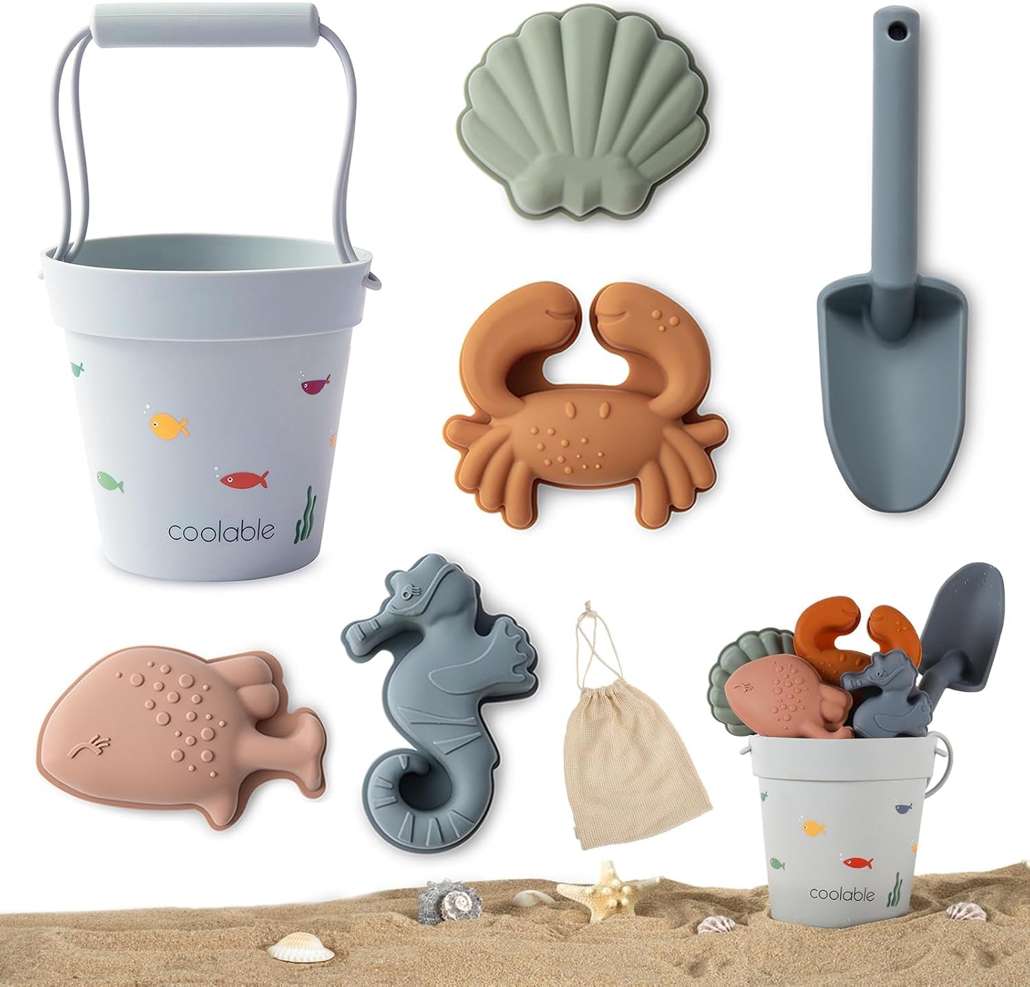 coolable 6 PCS beach toys for kids silicone beach toy set including bucket shovel and 4 sand molds for boys and girls