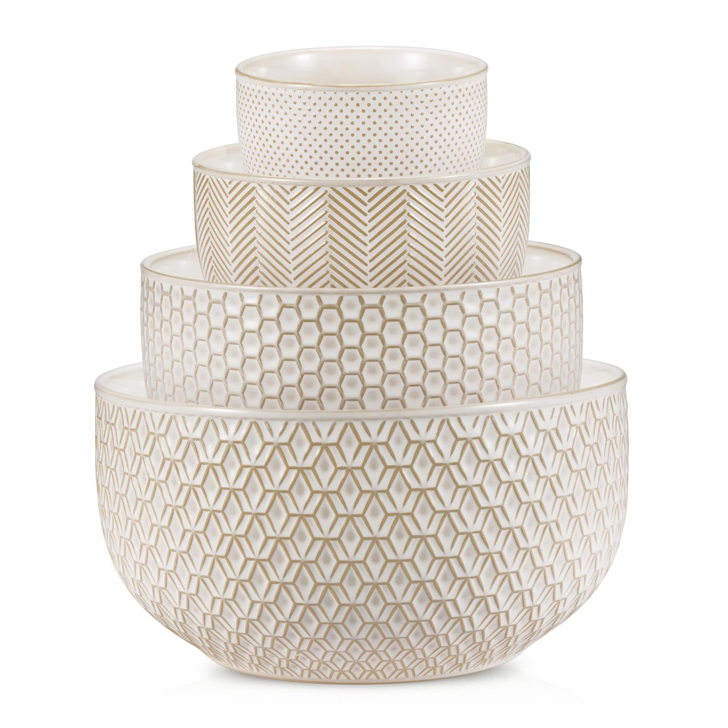 Photo 1 of KooK Ceramic Mixing Bowls, Nesting Bowls, Set of 4, Embossed Kitchen Bowls, Prep, Serving, Gift, Microwave and Dishwasher Safe, 20/44/98/145 oz, Narbonne Collection (Ivory)